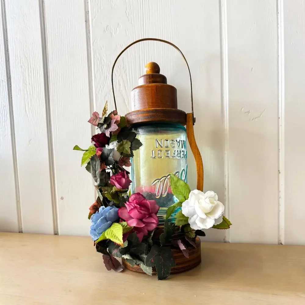 Vintage Handmade Wood Candle Lantern Aqua Perfect Mason Jar Silk Flowers